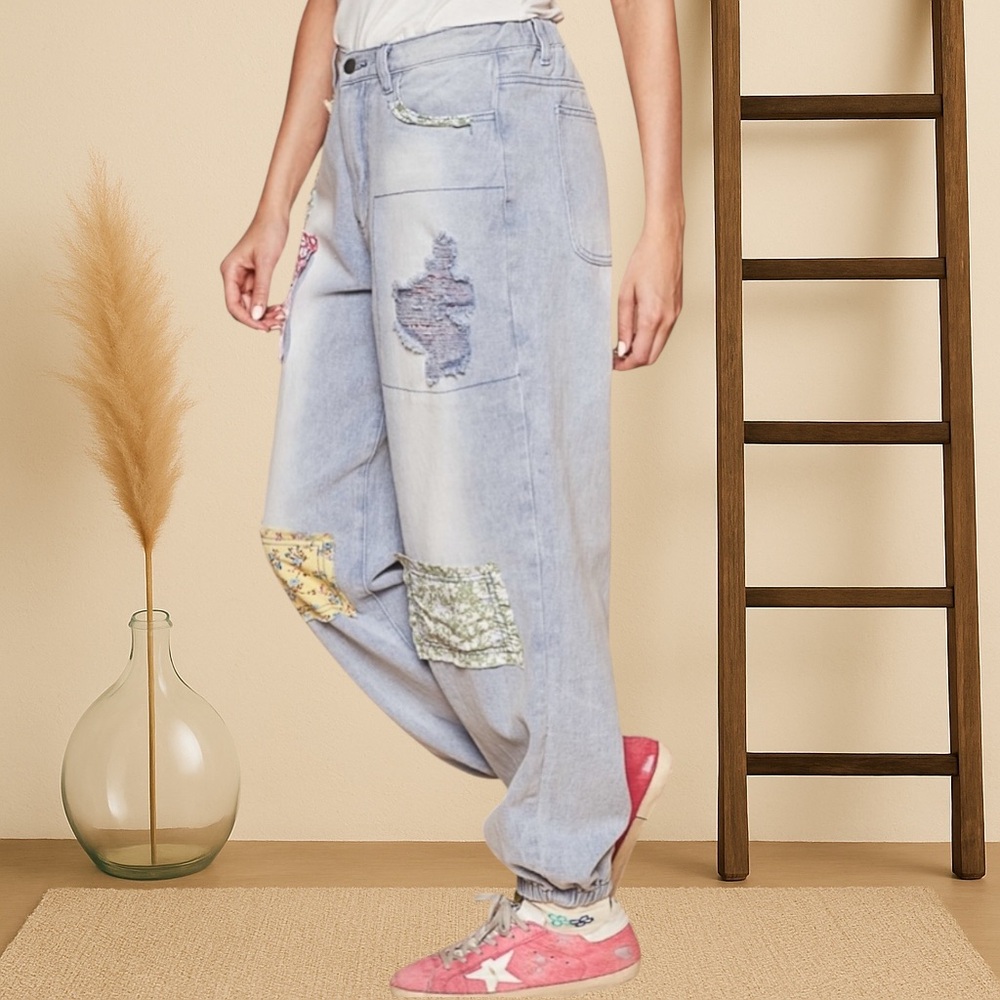 POL Floral Patchwork Jogger Jeans | Relaxed Fit Vintage Bohemian Denim - Picture 7 of 11